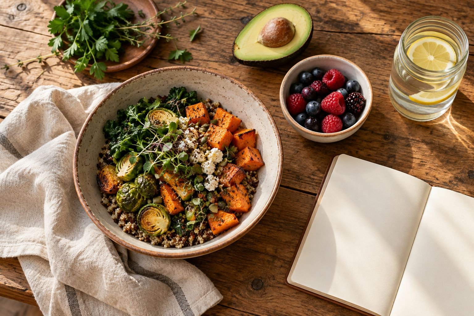 A wooden table with a roasted vegetable bowl, berries, avocado, herbs and an open notebook