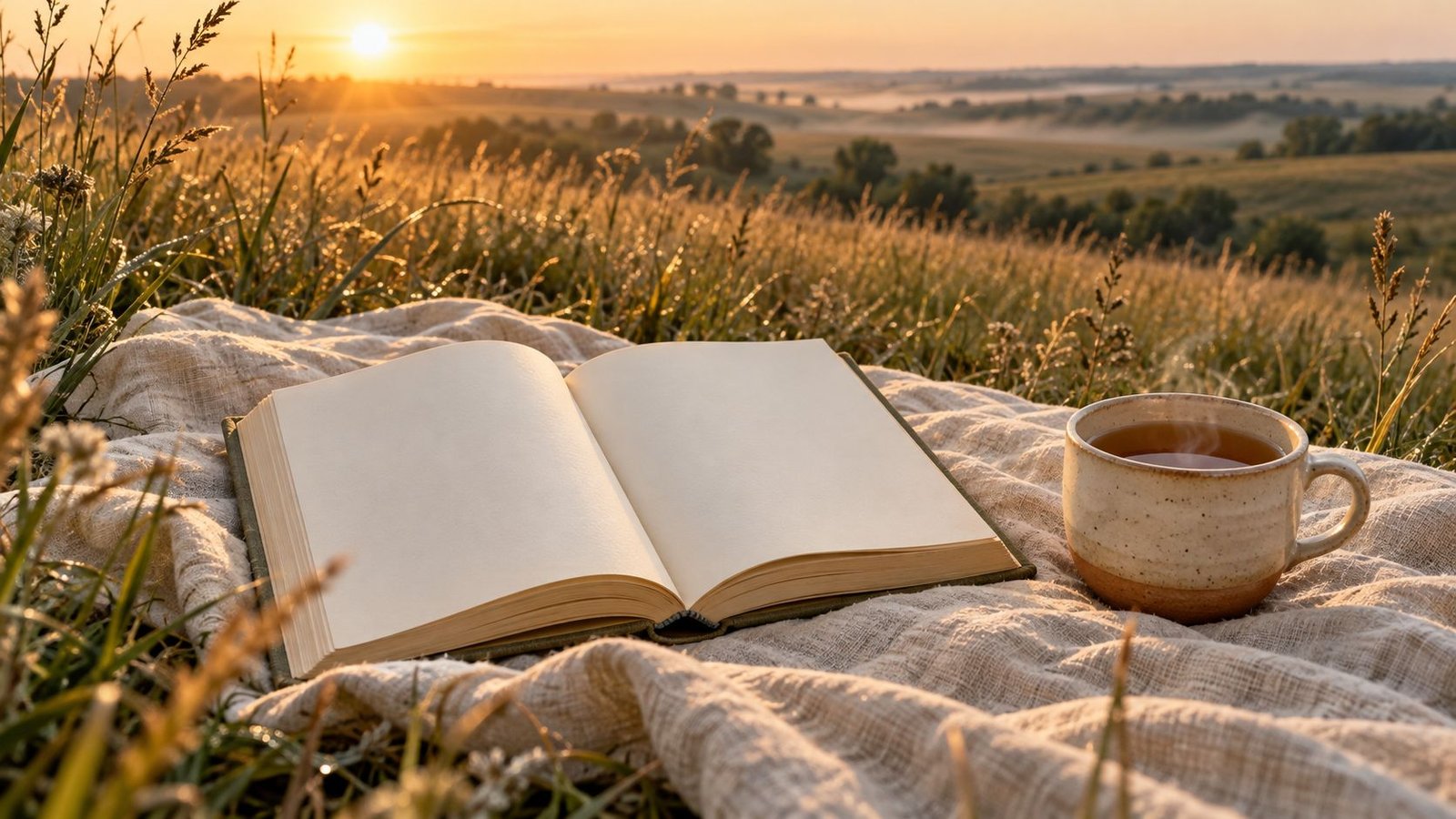 An open book and a cup of tea on a linen blanket in tallgrass at sunrise
