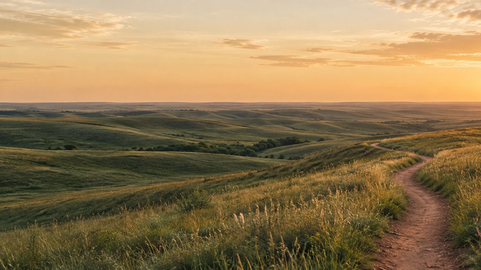 Rolling Kansas Flint Hills at sunrise with a path winding into the distance