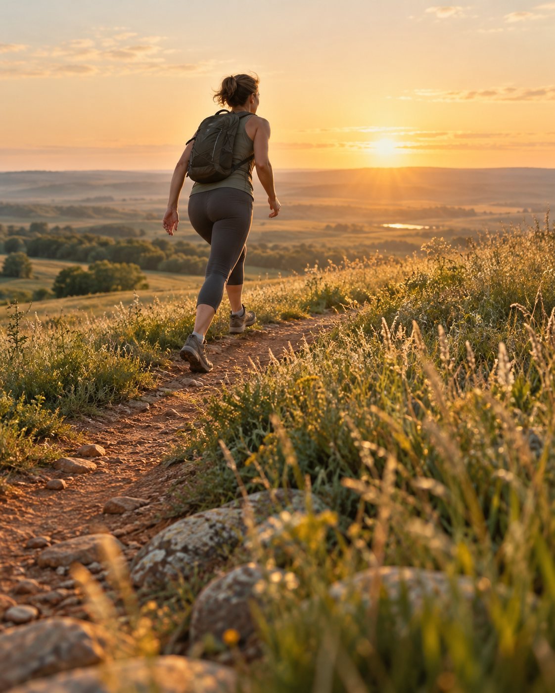 A hiker climbing a prairie trail toward the sunrise