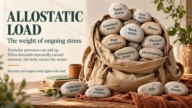 Illustration titled Allostatic Load, the weight of ongoing stress: a canvas backpack overflowing with stones labeled toxic stress, poor sleep, emotional strain, work stress, illness, poor nutrition, physical pain, relationship strain, overtraining, substance misuse, social isolation, bills and life changes. Everyday pressures can add up; when demands repeatedly exceed recovery, the body carries the strain. Recovery and support help lighten the load.