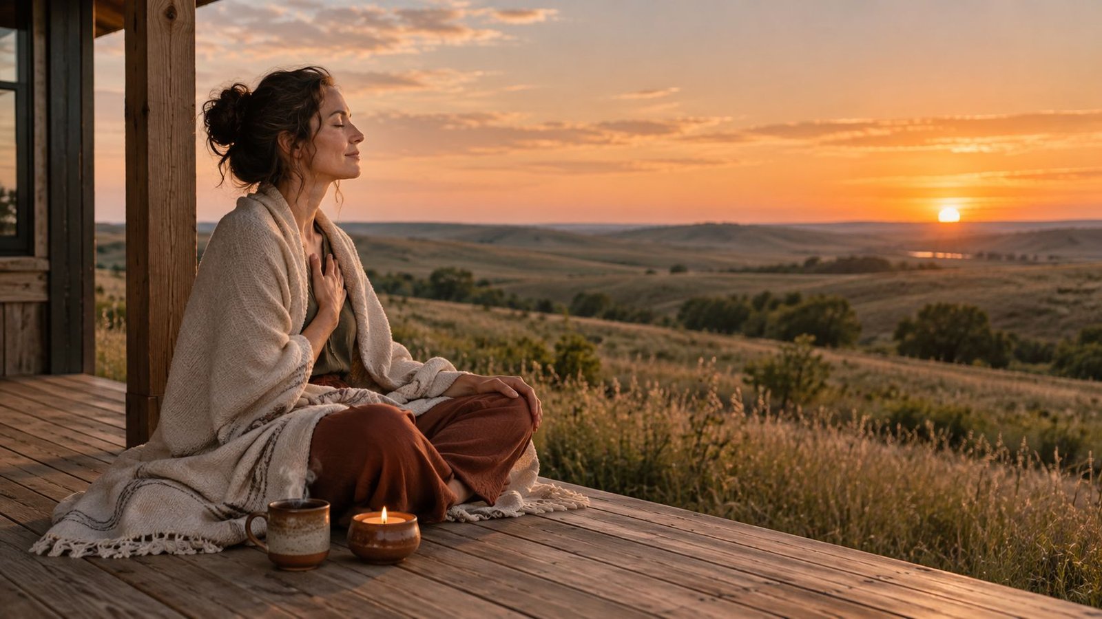A woman wrapped in a blanket sitting on a porch at sunset with her hand on her heart, eyes closed, beside a cup of tea and a candle