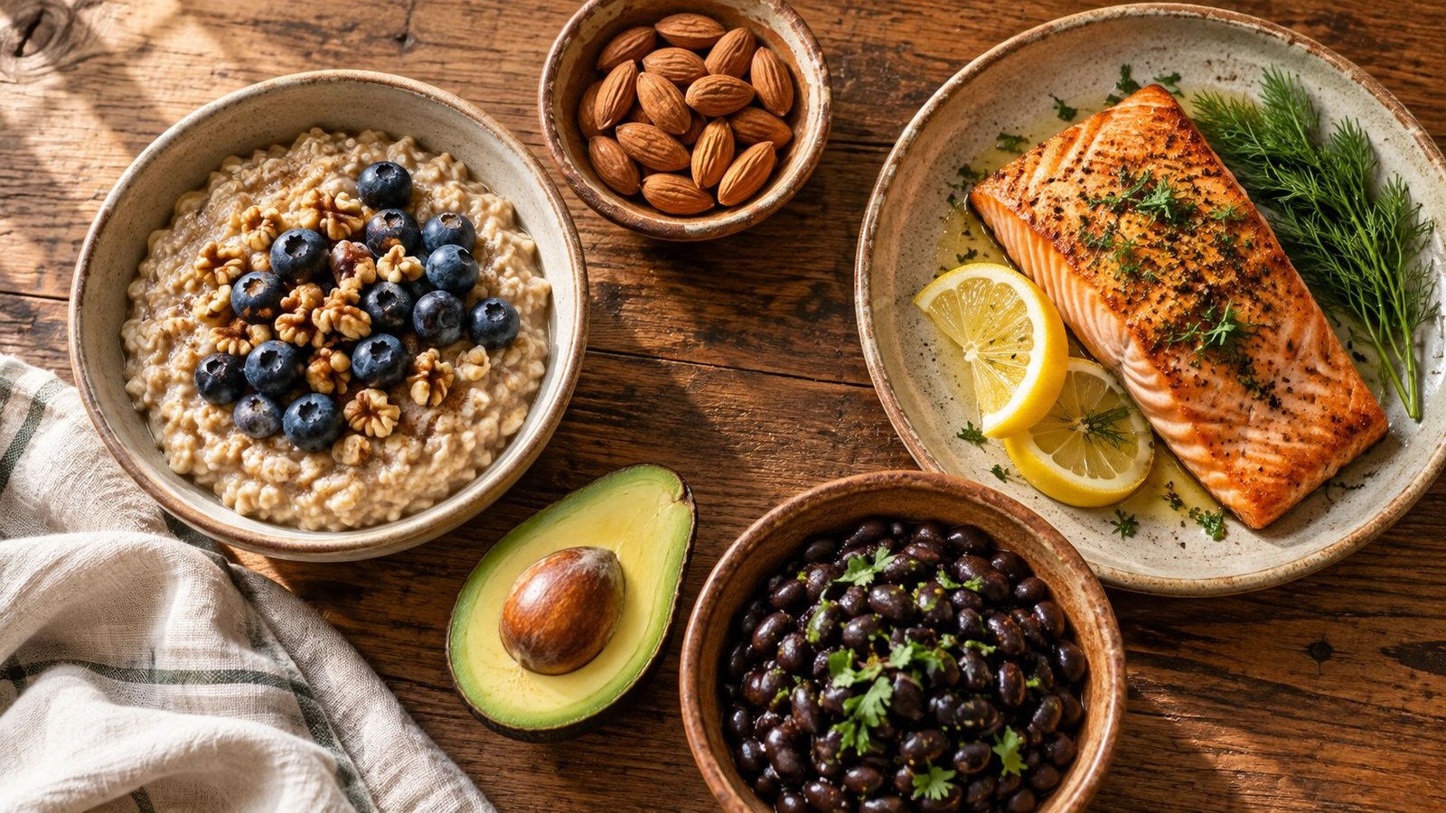 Heart-healthy foods on a wooden table: oatmeal with blueberries and walnuts, almonds, baked salmon with lemon, avocado and black beans