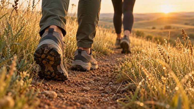 Two walkers on a dirt trail through golden prairie grass at sunrise