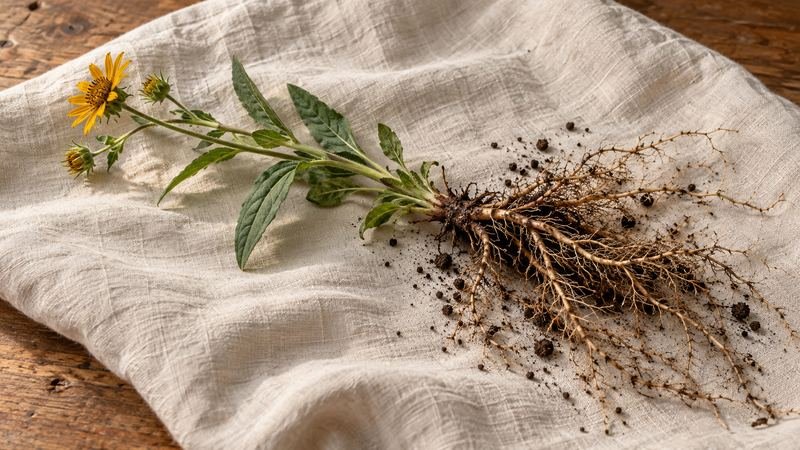A prairie wildflower laid on linen with its full network of roots exposed