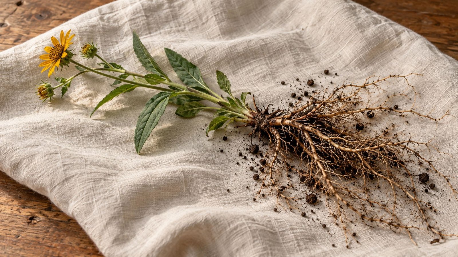 A prairie wildflower laid on linen with its full network of roots exposed