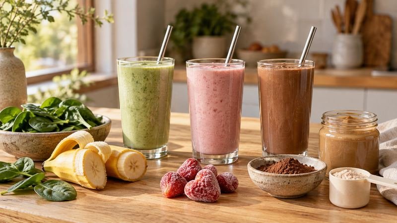 Green, strawberry and chocolate smoothies on a kitchen counter with spinach, banana, frozen strawberries, cacao, seed butter and a scoop of protein powder