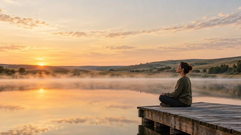 A woman meditating on a wooden dock over a misty lake at dawn