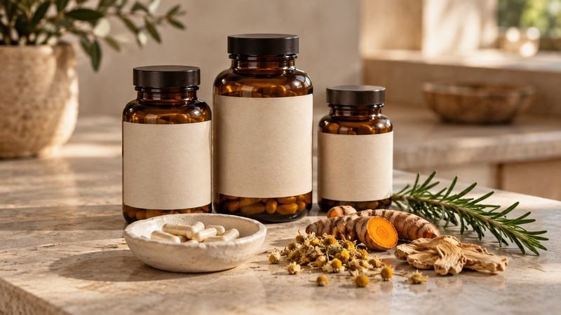 Amber supplement bottles with blank labels beside capsules and dried herbs