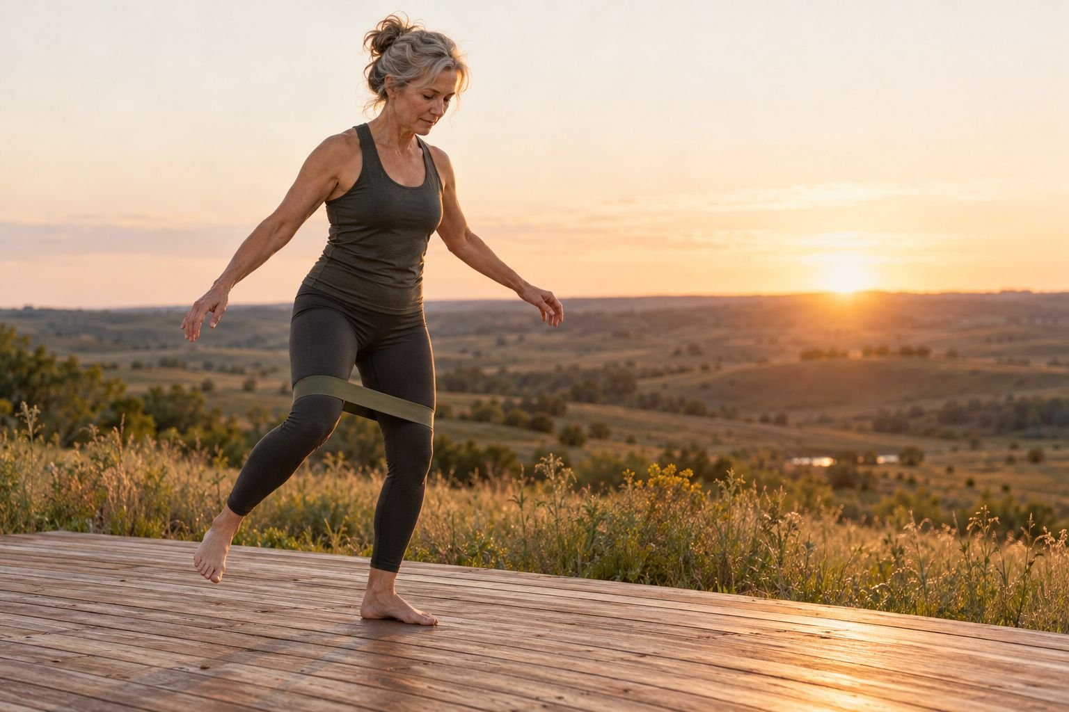A woman doing a balance exercise with a resistance band on a deck overlooking the prairie at sunrise