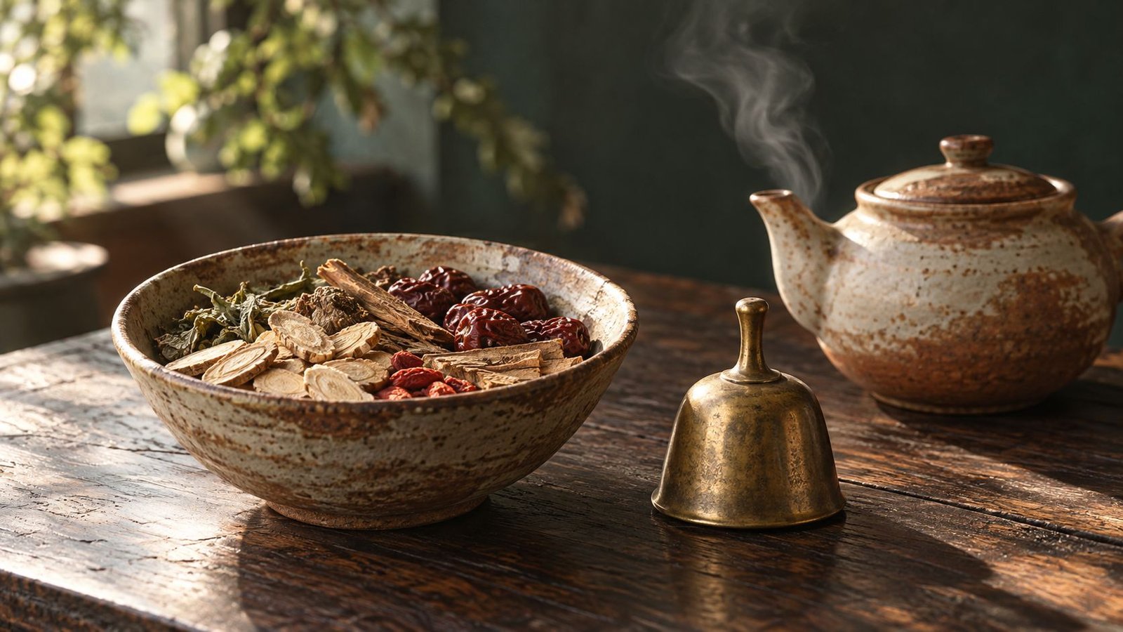 A bowl of dried Chinese herbs, a brass bell and a steaming teapot on dark wood