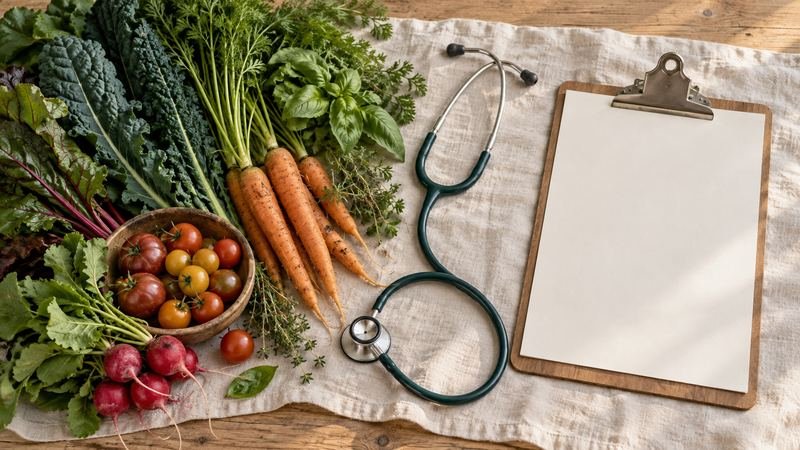 Fresh garden vegetables beside a stethoscope and a blank clipboard on linen