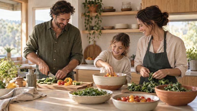 A family cooking a healthy meal together at a sunny kitchen island