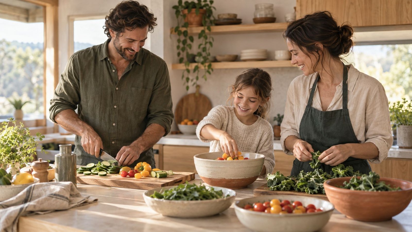 A family cooking a healthy meal together at a sunny kitchen island
