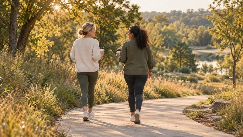 Two women walking and talking on a sunny park path with coffee