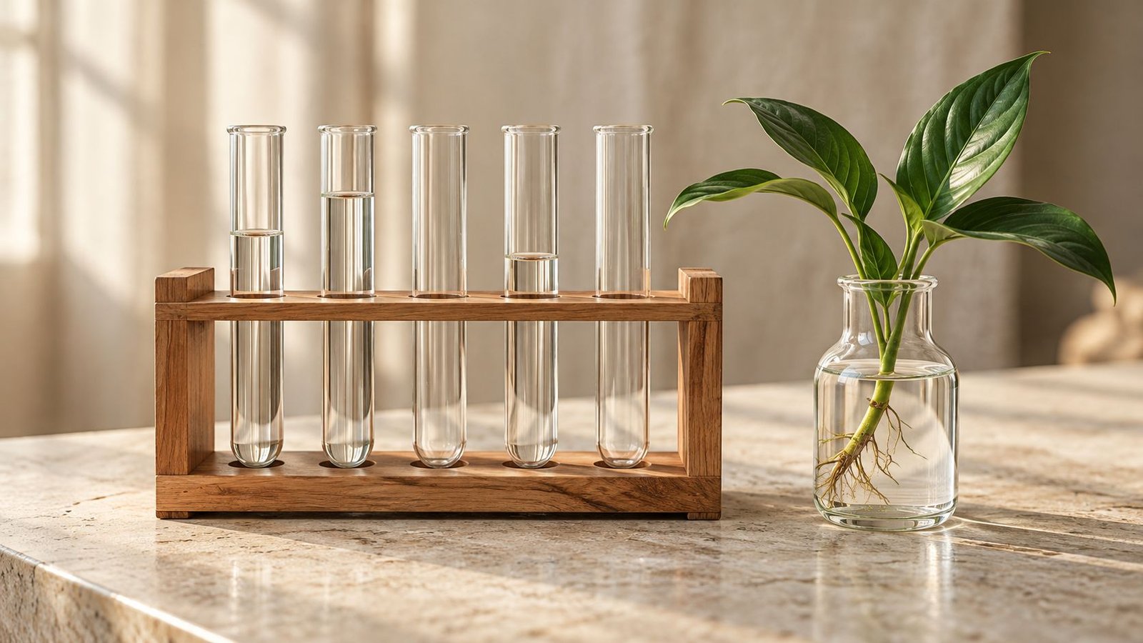 Clear test tubes in a wooden rack beside a plant cutting in water