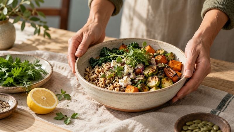 Hands placing a colorful grain bowl on a linen-covered table