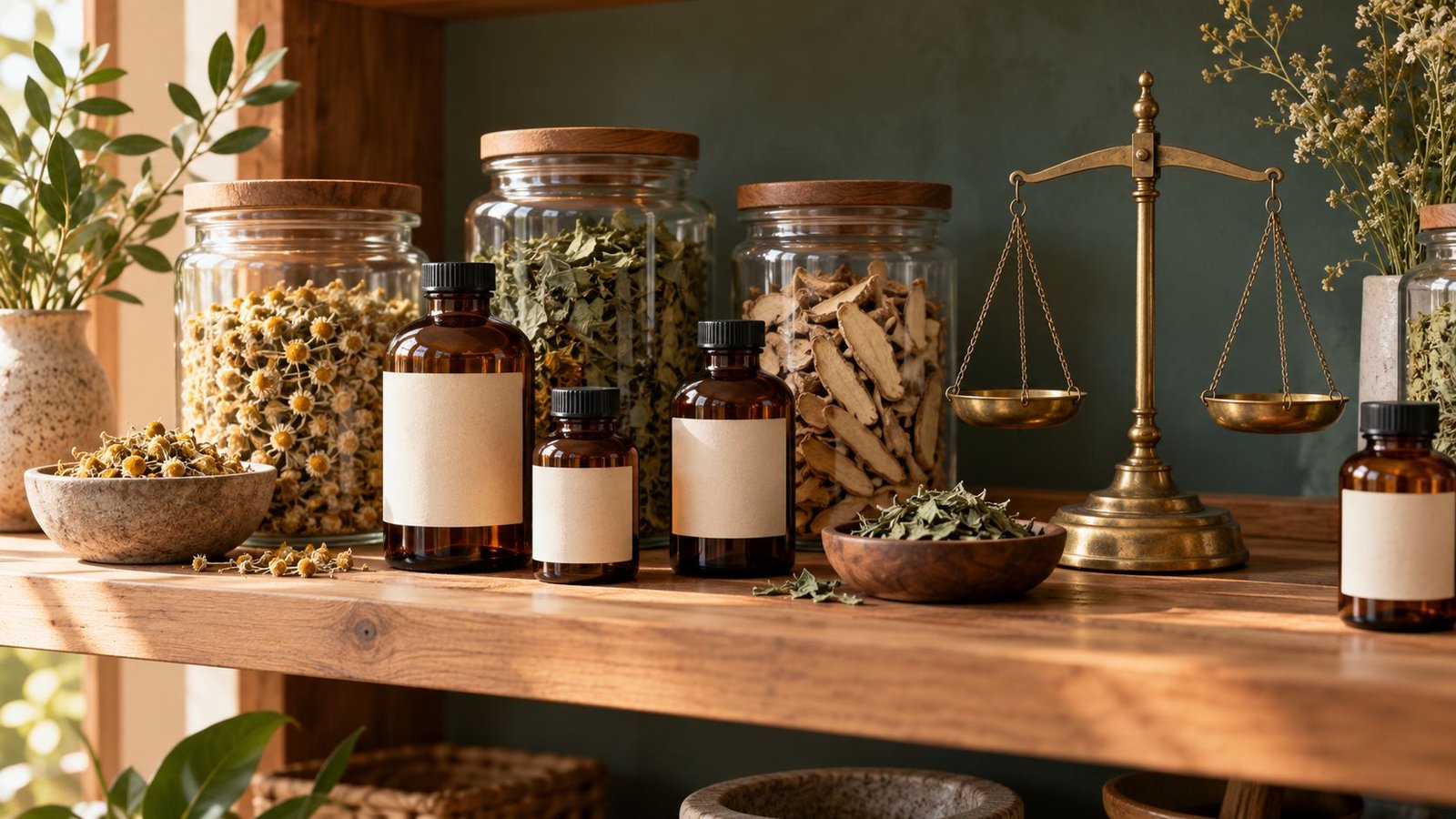 An apothecary shelf of amber bottles, dried botanicals and a brass scale