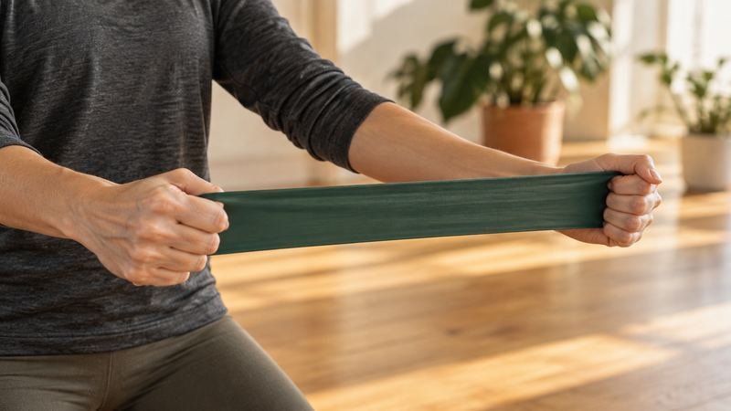 Hands stretching a green resistance band in a bright studio
