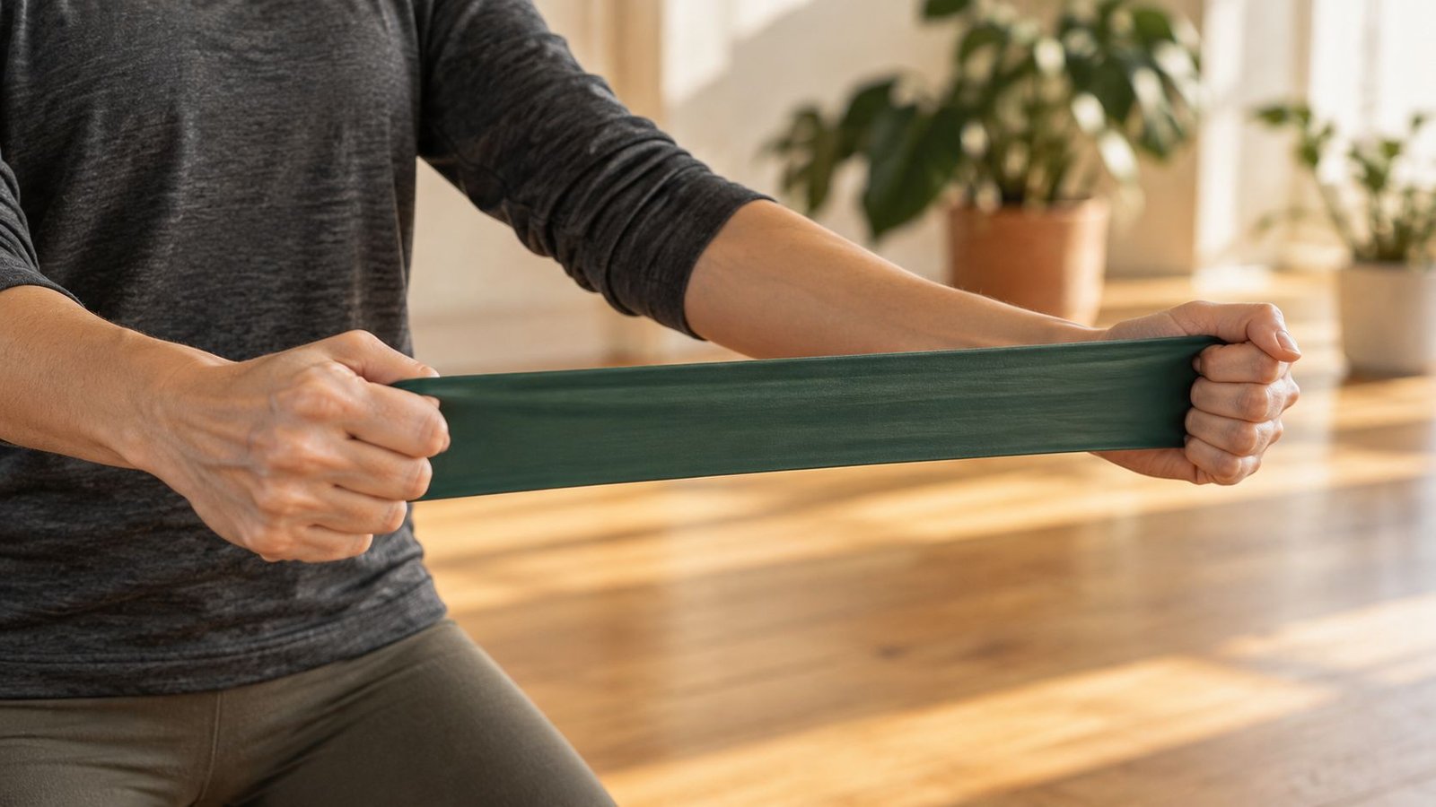Hands stretching a green resistance band in a bright studio