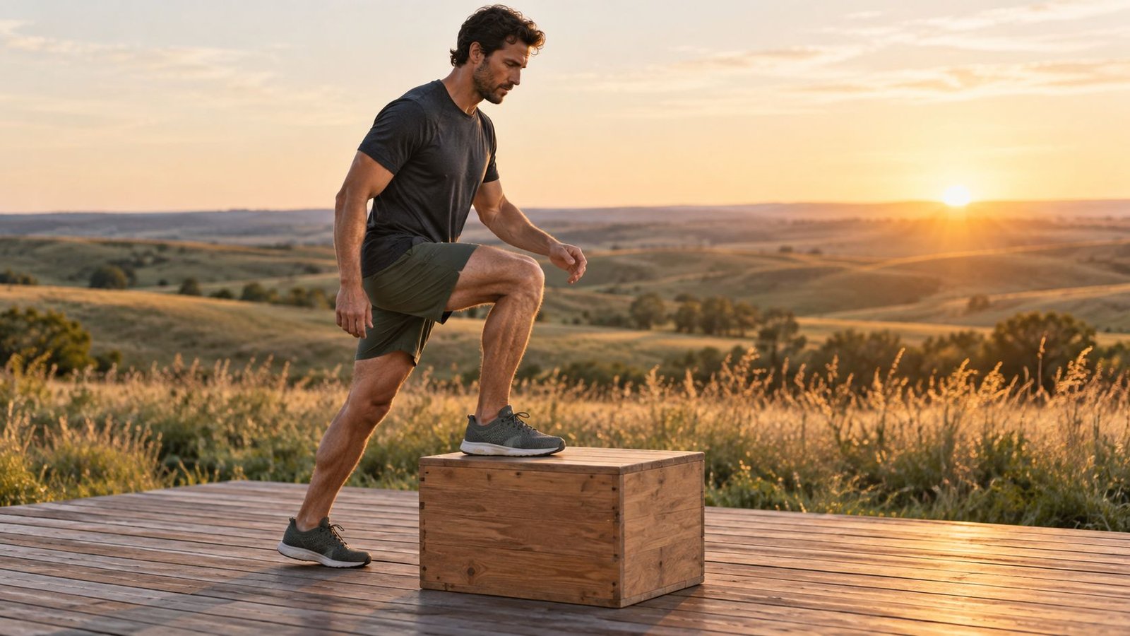 A man doing a controlled step-up onto a wooden box outdoors at sunrise
