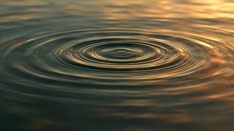 Concentric ripples spreading across still water at golden hour