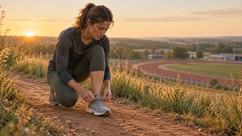 A runner tying her shoe on a trail at dawn above a school track